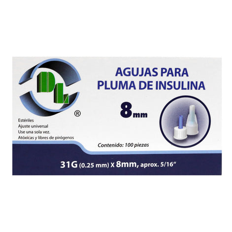 Agujas para pluma de insulina 31G X 8mm caja 100 piezas