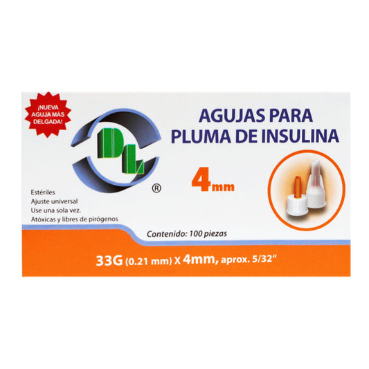Agujas para pluma de insulina 33G X 4mm caja 100 piezas
