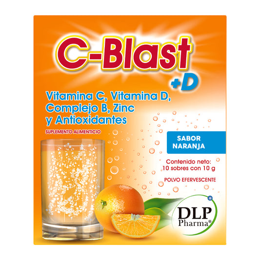 C-Blast+D, Vitamina C, Vitamina D, Complejo B, Zinc y Antioxidantes Polvo Efervescente Sabor Naranja (caja con 10 sobres)