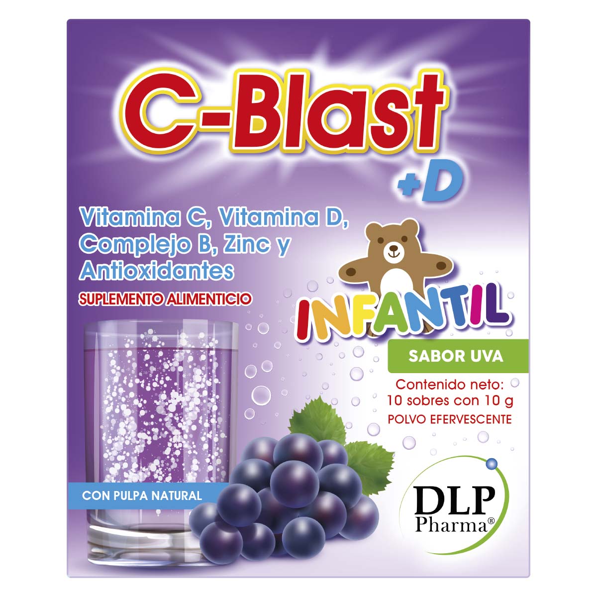 C-Blast+D INFANTIL,Vitamina C, Vitamina D, Complejo B, Zinc y Antioxidantes Polvo Efervescente Sabor uva (caja con 10 sobres)