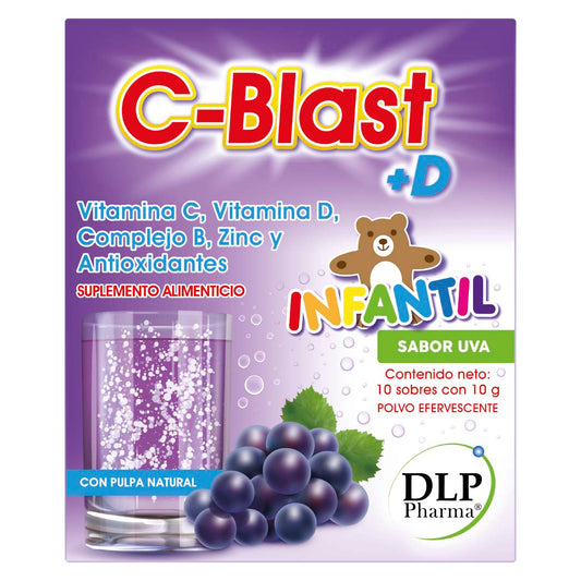 C-Blast+D INFANTIL,Vitamina C, Vitamina D, Complejo B, Zinc y Antioxidantes Polvo Efervescente Sabor uva (caja con 10 sobres)
