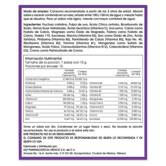 C-Blast+D INFANTIL,Vitamina C, Vitamina D, Complejo B, Zinc y Antioxidantes Polvo Efervescente Sabor uva (caja con 10 sobres)