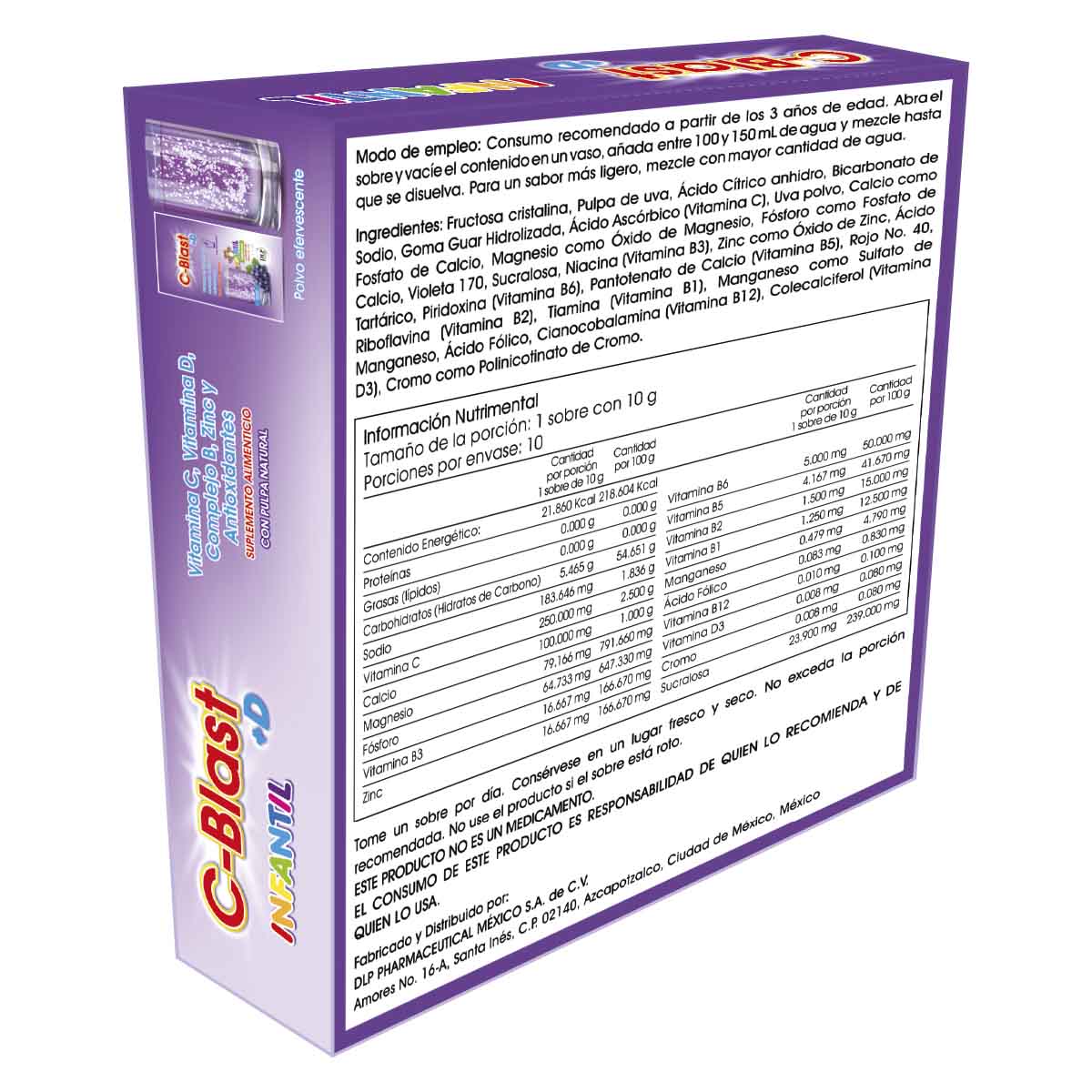 C-Blast+D INFANTIL,Vitamina C, Vitamina D, Complejo B, Zinc y Antioxidantes Polvo Efervescente Sabor uva (caja con 10 sobres)