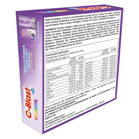 C-Blast+D INFANTIL,Vitamina C, Vitamina D, Complejo B, Zinc y Antioxidantes Polvo Efervescente Sabor uva (caja con 10 sobres)
