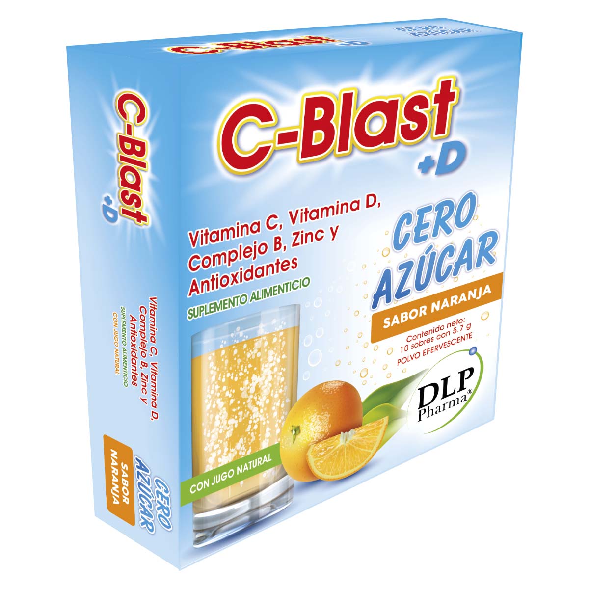 C-BLAST+D CERO AZÚCAR Vitamina C, Vitamina D, Complejo B, Zinc y Antioxidantes Polvo Efervescente Sabor Naranja (caja con 10 sobres)