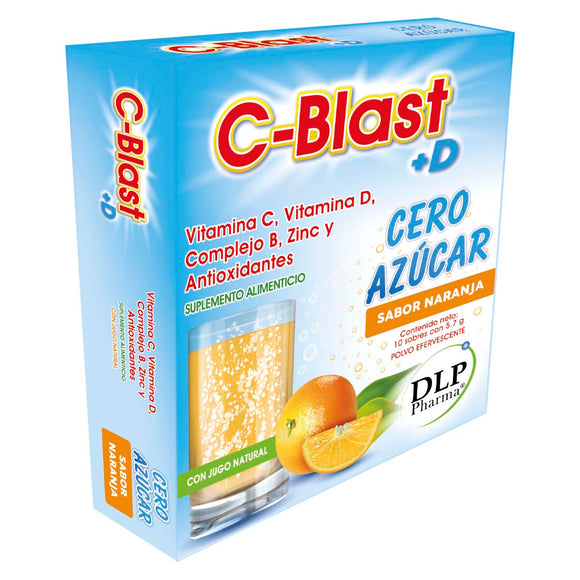 C-BLAST+D CERO AZÚCAR Vitamina C, Vitamina D, Complejo B, Zinc y Antioxidantes Polvo Efervescente Sabor Naranja (caja con 10 sobres)