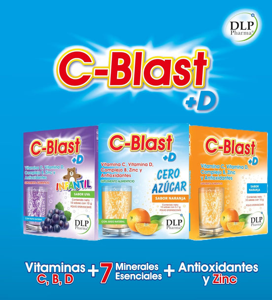 C-Blast+D, Vitamina C, Vitamina D, Complejo B, Zinc y Antioxidantes Polvo Efervescente Kit 3 Cajas (caja con 10 sobres) (Kit familiar)
