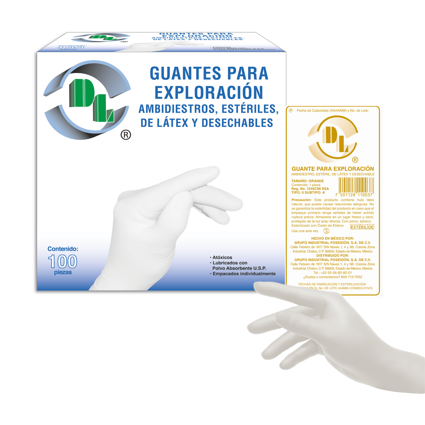Guantes para exploración DL ambidiestros, estériles, de látex y desechables. Caja con 100 piezas.