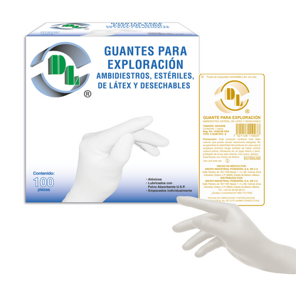 Guantes para exploración DL ambidiestros, estériles, de látex y desechables. Caja con 100 piezas.