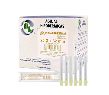 Agujas Hipodérmica DL calibre 20G x 32mm Caja 100 piezas