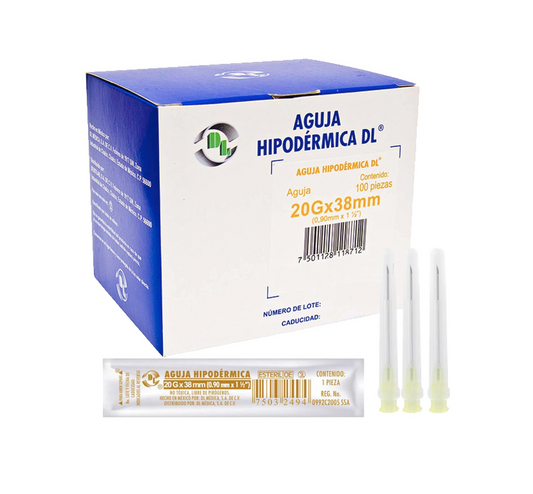 Agujas Hipodérmica DL calibre 20G x 38mm Caja 100 piezas