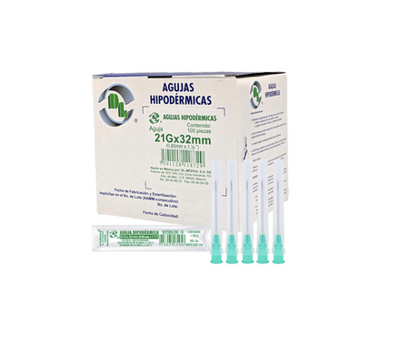 Agujas Hipodérmica DL calibre 21G x 32mm Caja 100 piezas
