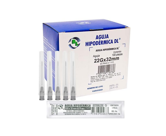 Agujas Hipodérmica DL calibre 22G x 32mm Caja 100 piezas