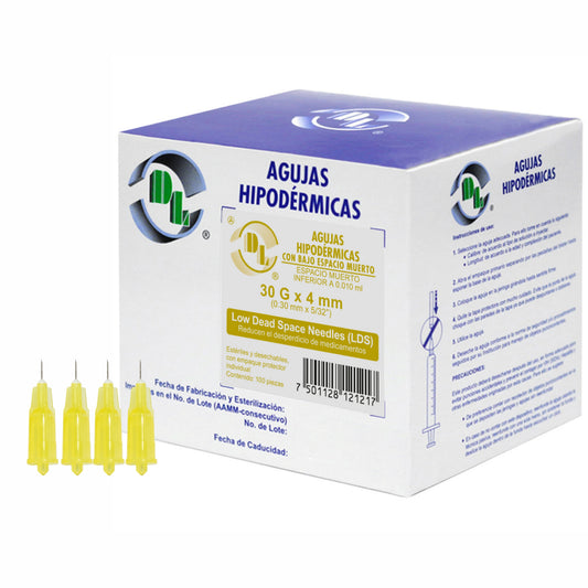 Aguja Hipodérmica Desechable de Bajo espacio muerto 30GX4MM, LDS caja con 100pzas