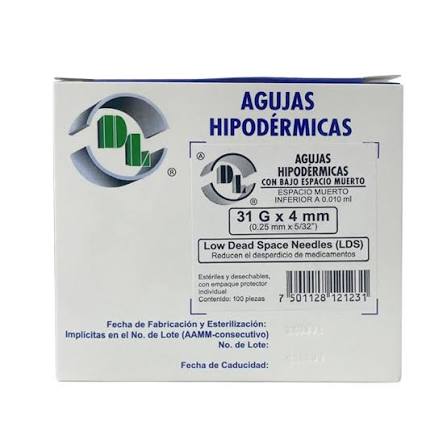 AGUJA HIPODÉRMICA DESECHABLE DE BAJO ESPACIO MUERTO, CALIBRE 31GX4MM, LDS.