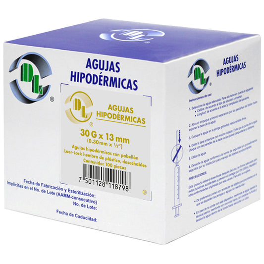 Agujas Hipodérmica DL calibre 30G x 13mm Caja 100 piezas