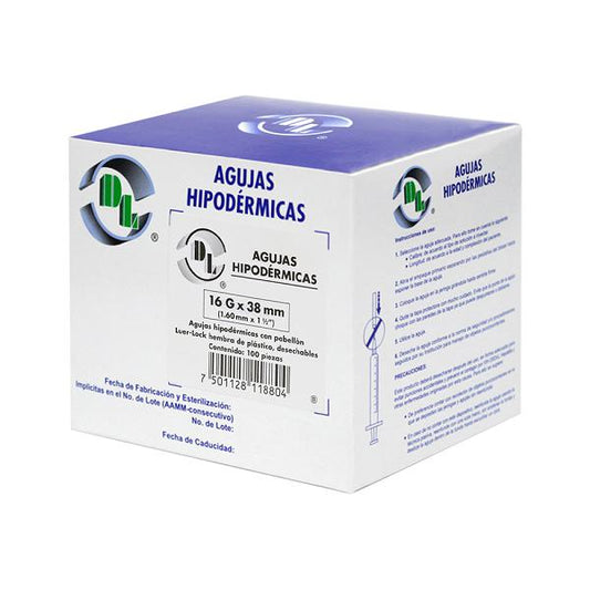 Agujas Hipodérmica DL calibre 16G x 38mm Caja 100 piezas