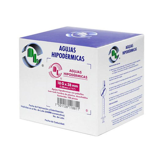 Agujas Hipodérmica DL calibre 18G x 38mm Caja 100 piezas