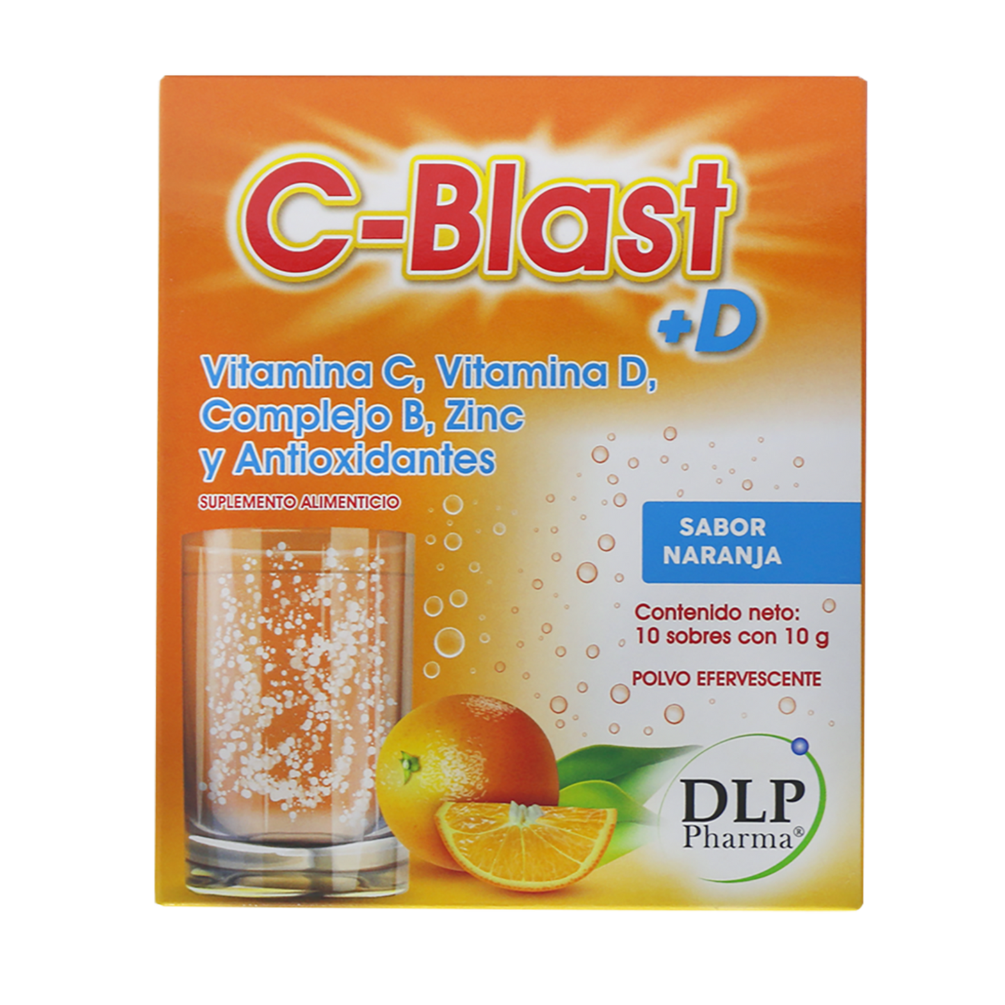 C-Blast+D, Vitamina C, Vitamina D, Complejo B, Zinc y Antioxidantes Polvo Efervescente Sabor Naranja (caja con 10 sobres)