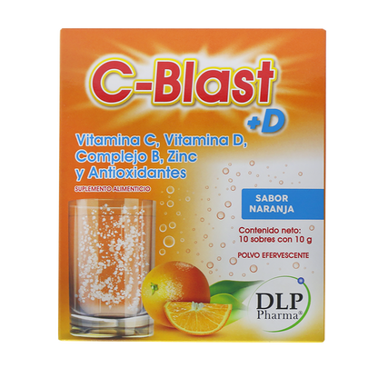 C-Blast+D, Vitamina C, Vitamina D, Complejo B, Zinc y Antioxidantes Polvo Efervescente Sabor Naranja (caja con 10 sobres)