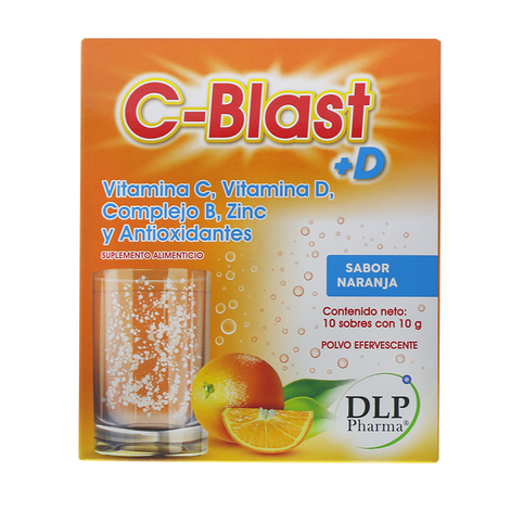 C-Blast+D, Vitamina C, Vitamina D, Complejo B, Zinc y Antioxidantes Polvo Efervescente Sabor Naranja (caja con 10 sobres)