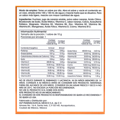 C-Blast+D, Vitamina C, Vitamina D, Complejo B, Zinc y Antioxidantes Polvo Efervescente Sabor Naranja (caja con 10 sobres)