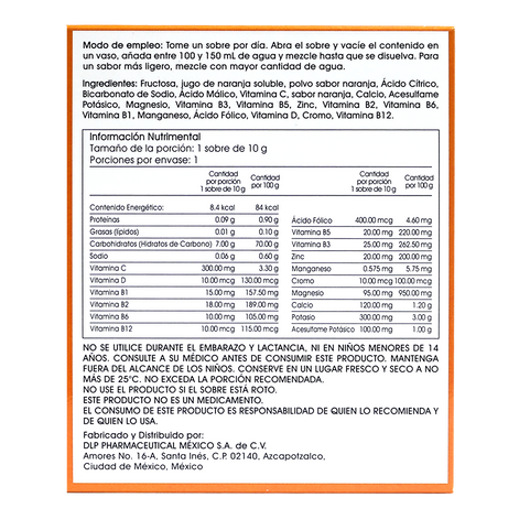 C-Blast+D, Vitamina C, Vitamina D, Complejo B, Zinc y Antioxidantes Polvo Efervescente Sabor Naranja (caja con 10 sobres)