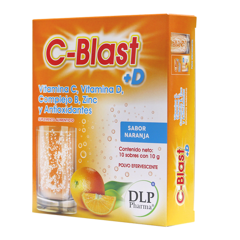 C-Blast+D, Vitamina C, Vitamina D, Complejo B, Zinc y Antioxidantes Polvo Efervescente Sabor Naranja (caja con 10 sobres)