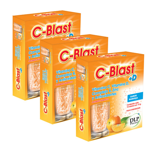 Kit 3 Cajas de C-Blast+D, Vitamina C, Vitamina D, Complejo B, Zinc y Antioxidantes Polvo Efervescente (caja con 10 sobres) (NARANJA)