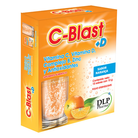 C-Blast+D, Vitamina C, Vitamina D, Complejo B, Zinc y Antioxidantes Polvo Efervescente Sabor Naranja (caja con 10 sobres)