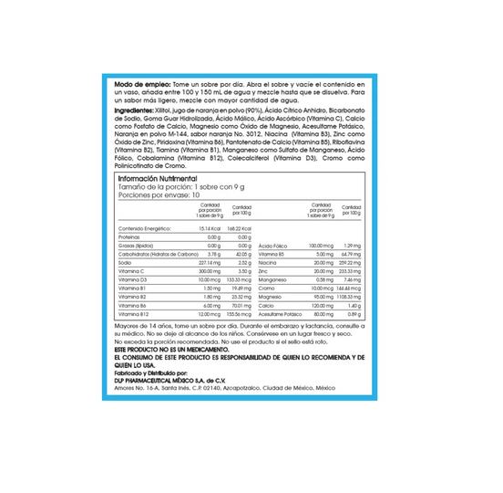 C-BLAST+D CERO AZÚCAR Vitamina C, Vitamina D, Complejo B, Zinc y Antioxidantes Polvo Efervescente Sabor Naranja (caja con 10 sobres)