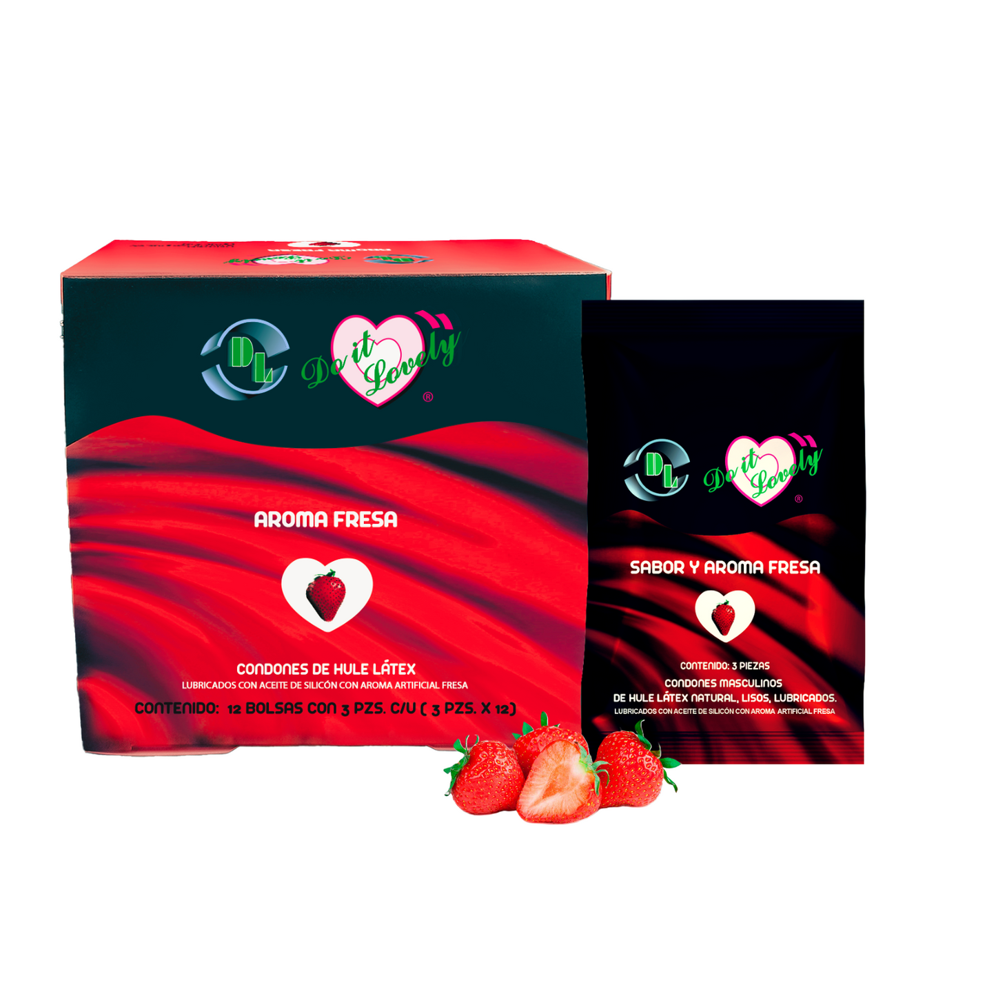 Condón masculino con sabor y aroma Do It Lovely. Caja con 12 bolsas con 3pzs cada uno