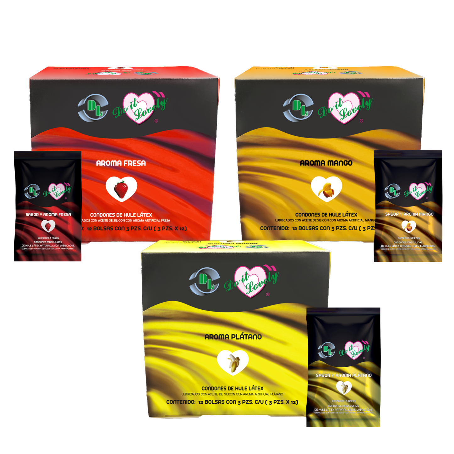 Condón masculino con sabor y aroma Do It Lovely. Caja con 12 bolsas con 3pzs cada uno