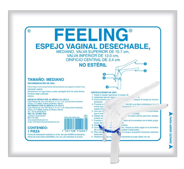 ESPEJO VAGINAL NO ESTÉRIL TAMAÑO MEDIANO FEELING, EMPAQUE INDIVIDUAL. DE CREMALLERA.