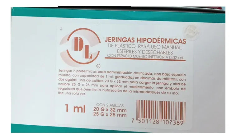 Jeringa hipodérmicas DL 1ml 20Gx32mm y 25Gx25mm con espacio muerto 0.02ml 1ml