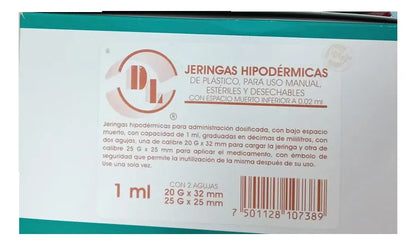 JERINGA ESTÉRIL Y DESECHABLE DE 1 ML CON DOBLE AGUJA 20GX32MM Y 25GX25MM BAJO ESPACIO MUERTO.