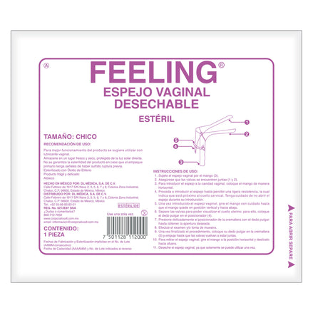 ESPEJO VAGINAL ESTÉRIL TAMAÑO CHICO FEELING, EMPAQUE INDIVIDUAL DE CREMALLERA