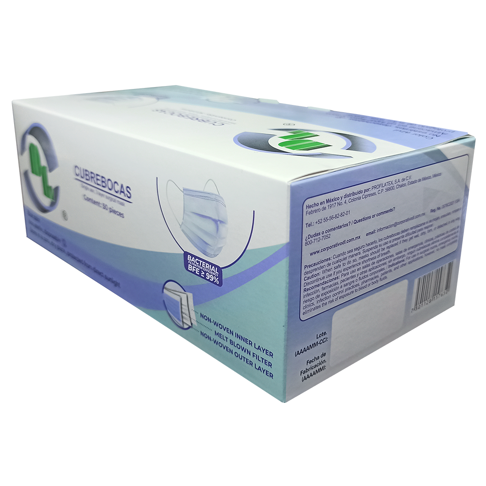 Cubrebocas Tricapa Quirúrgico caja con 50 pzas color azul