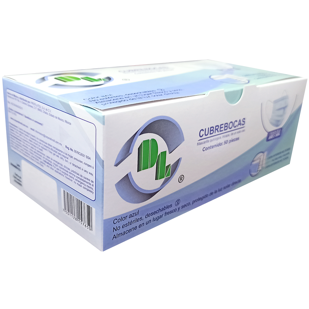 Cubrebocas Tricapa Quirúrgico caja con 50 pzas color azul