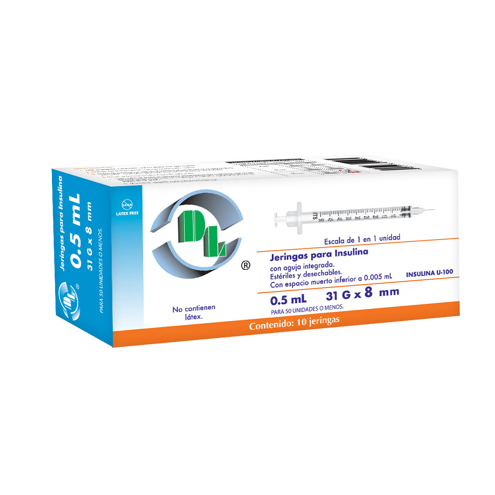 Jeringas hipodérmicas para insulina DL 0.5ml 31Gx8mm. Caja con 10 piezas