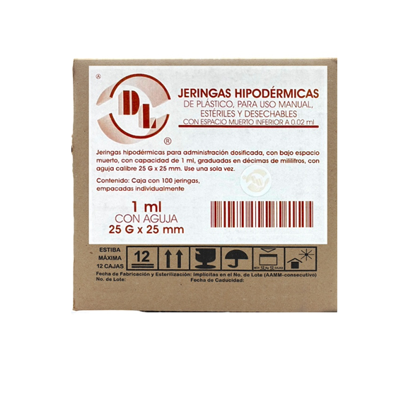 Jeringas hipodérmicas DL 1ml 25Gx25mm con espacio muerto inferior a 0.02ml. Caja con 100 pz