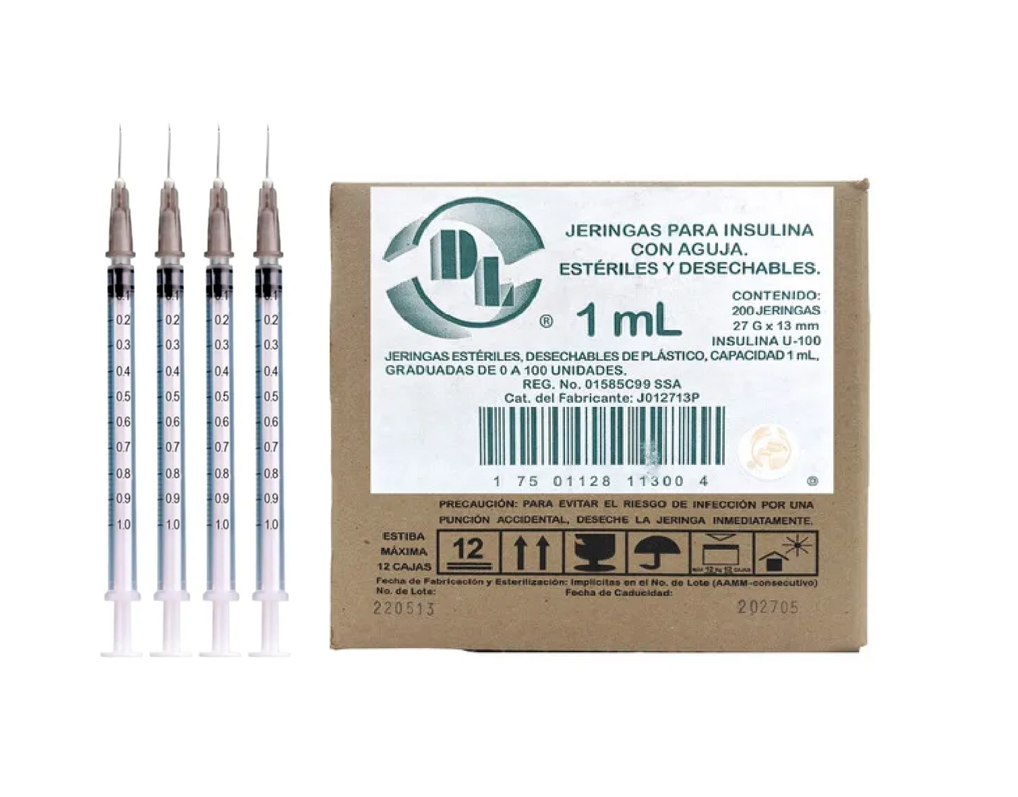Jeringas para Insulina DL 1 ML 27GX13mm Caja con 200 piezas