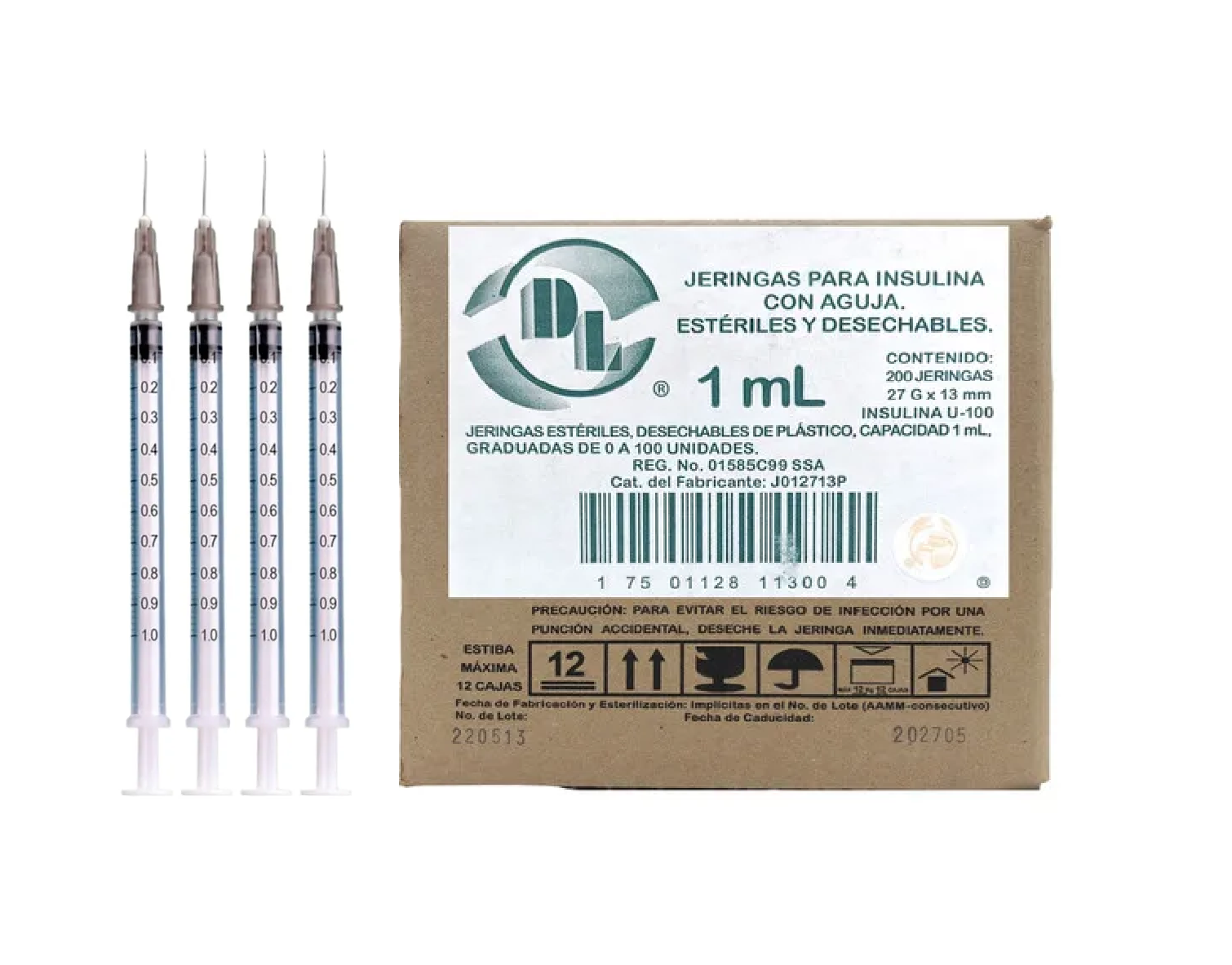 Jeringas para Insulina DL 1 ML 27GX13mm Caja con 100 piezas