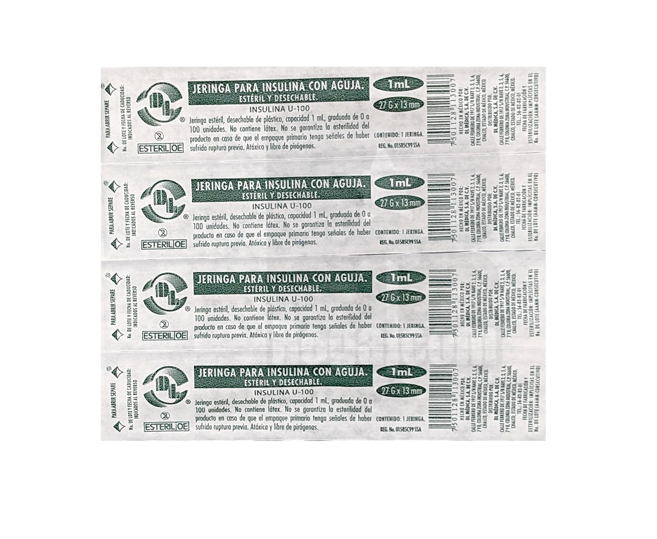 Jeringas para Insulina DL 1 ML 27GX13mm Caja con 100 piezas