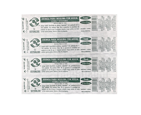 Jeringas para Insulina DL 1 ML 27GX13mm Caja con 100 piezas
