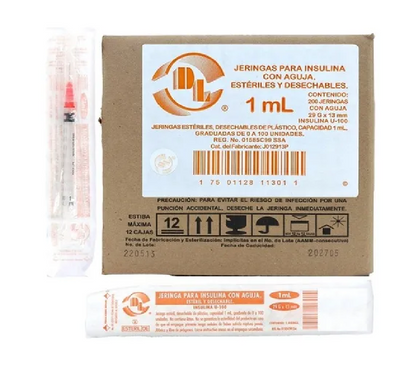 Jeringas hipodérmicas para insulina DL 1ml 29Gx13mm. Caja con 200 piezas