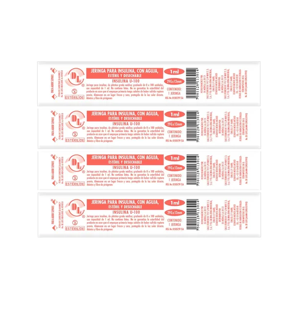 Jeringas hipodérmicas para insulina DL 1ml 29Gx13mm. Caja con 200 piezas