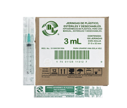 Jeringa DL 3ML 21Gx32mm Caja con 100 piezas