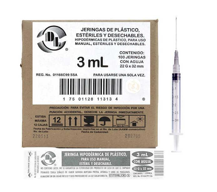 Jeringa DL 3ML 22Gx32MM caja con 100 piezas