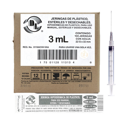 Jeringa DL 3ML 22Gx32MM caja con 100 piezas